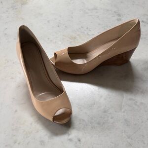 Cole Haan Beige Patent Peep-Toe Wedges